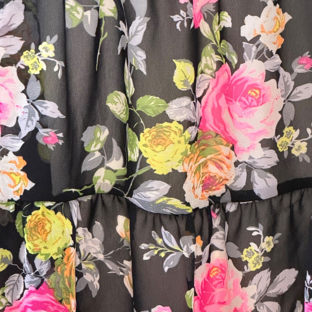 Poetry Black Pink Floral Chiffon Tiered Mini Dress Y2K Whimsigoth Fairy Grunge S - Picture 2 of 14